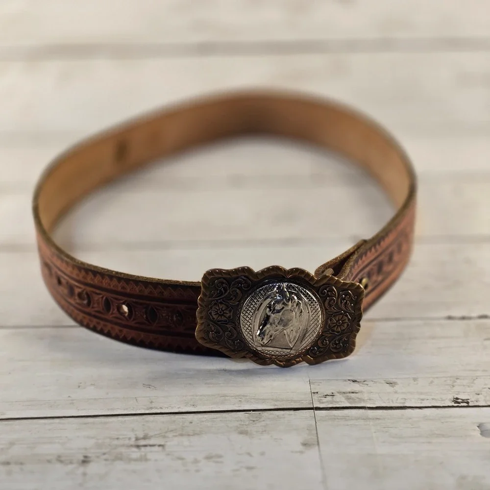 Vintage Tooled Leather Western Belt Horse Head Solid Copper Buckle Brown 32in